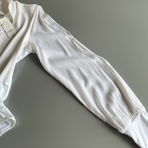NWT Bebe Silk Wrap Bodysuit, cut-out long sleeves in white, size Small - Picture 16 of 16